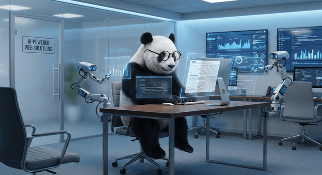 A panda at a modern desk surrounded by AI robot assistants and holographic displays