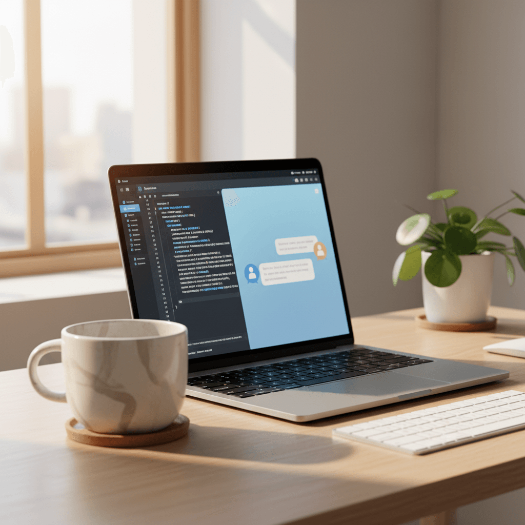 Modern developer workspace with laptop showing code and AI chat interface